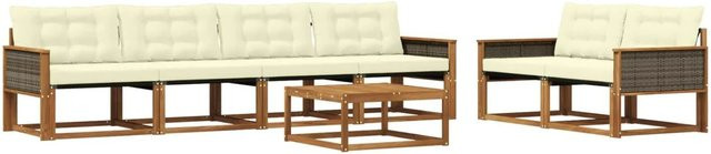 vidaXL Outdoor-Sofagarnitur aus massivem Akazienholz mit Textilene und Kissen, 7-teiliges Set in Natur und Creme - Bild 1