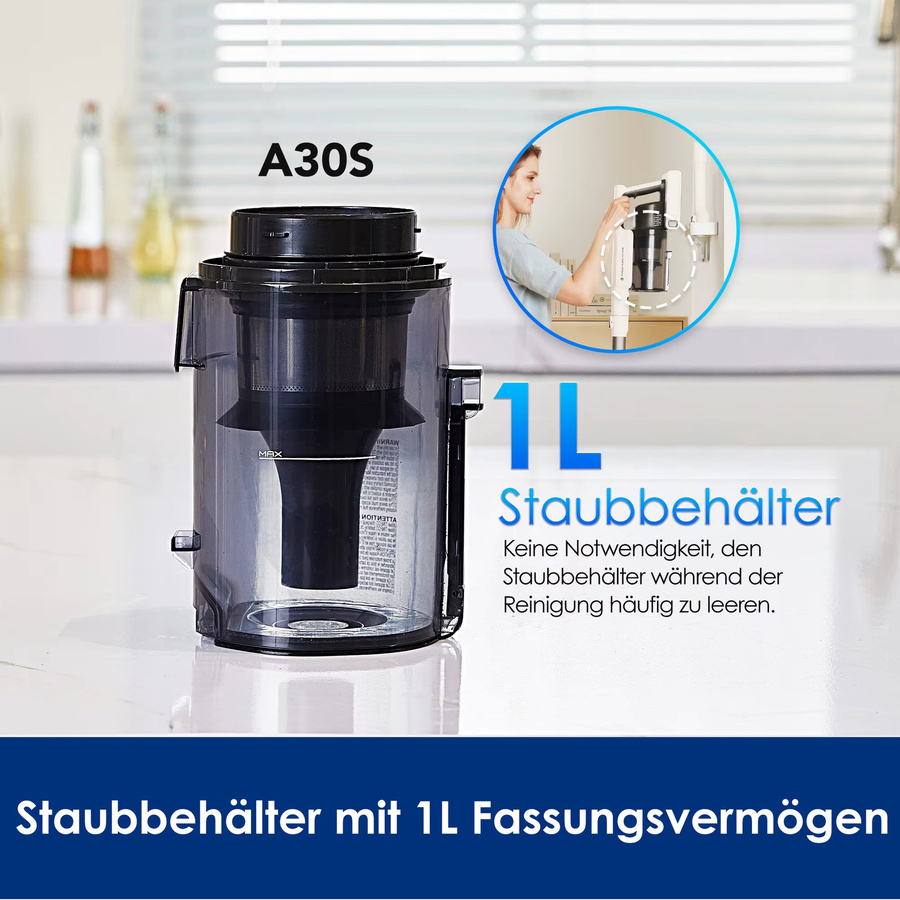 Tineco A30S Akku Staubsauger kabelloser Stabstaubsauger mit 160W und 20000pa, 60 Min. Laufzeit, Handstaubsauger mit 1L Staubbehälter und ZeroTangle Bürste für Tierhaare und Hartböden - Bild 4