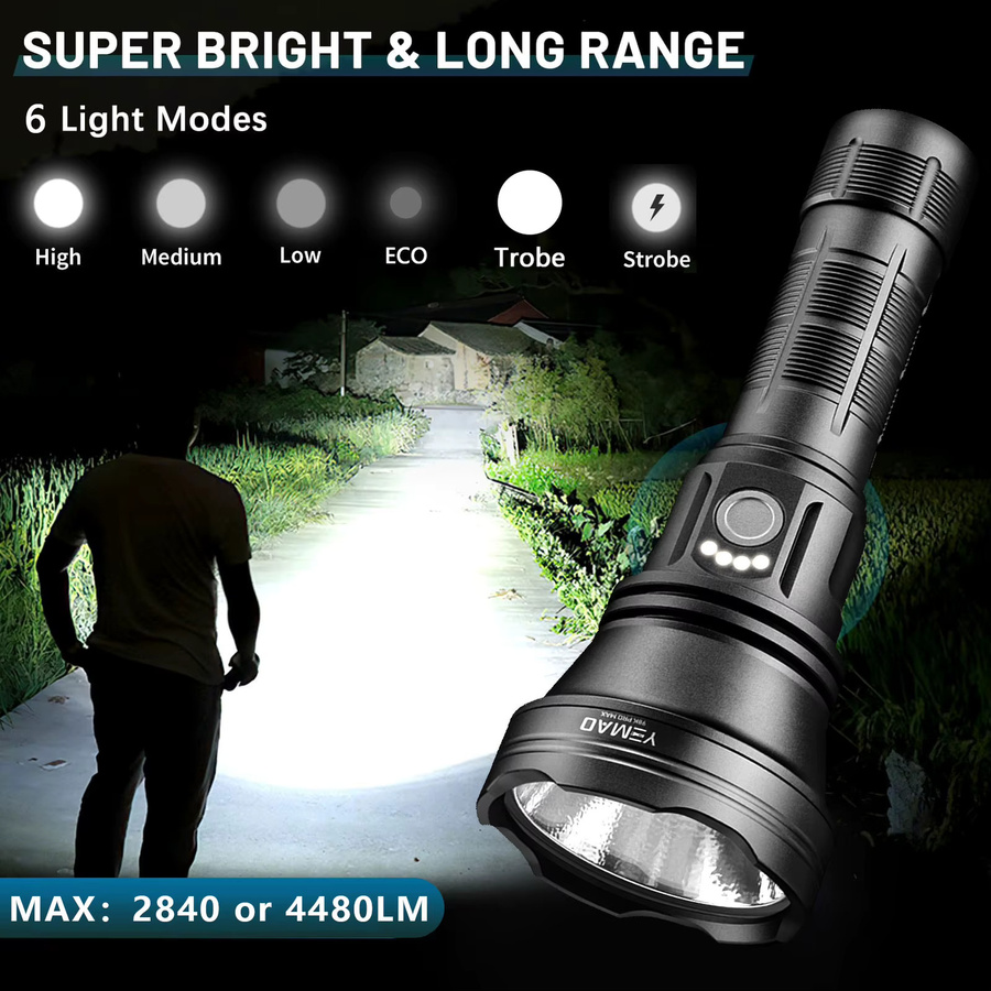 YEMAO Taktische LED Taschenlampe mit 2800 Lumen, USB-C wiederaufladbar, 21700 Akku, IP64 wasserdicht, Schwarz - Bild 2