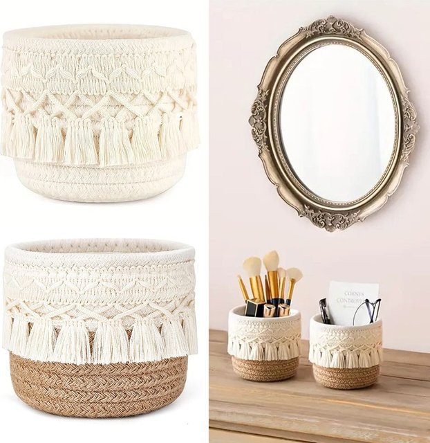 Gewebter Aufbewahrungskorb aus Baumwollseil mit Quasten in Weiß und Kaffeebraun als Stifthalter und Make-up-Pinsel-Organizer - Bild 1