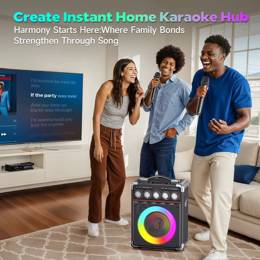 FanFun TX05 Karaoke-Maschine in Schwarz mit 2 kabellosen Mikrofonen, RGB-Licht und Unterstützung für TF, USB, AUX sowie TWS für deine Home Party - Bild 4