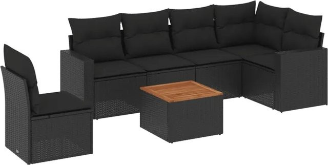 vidaXL 7-teilige Garten-Sofagarnitur in L-Form aus schwarzem Poly-Rattan mit Kissen und Akazienholz - Bild 1