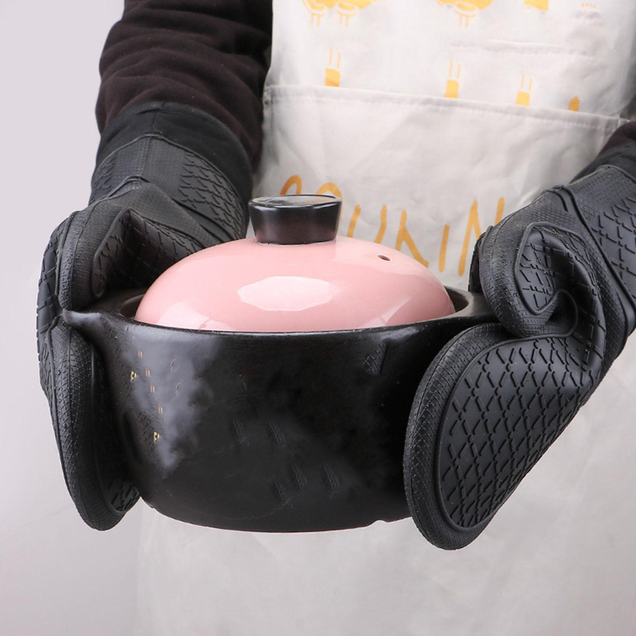KONNWEI Hitzebeständige Ofenhandschuhe aus verdicktem Silikon mit Baumwollfutter in Schwarz - Bild 4