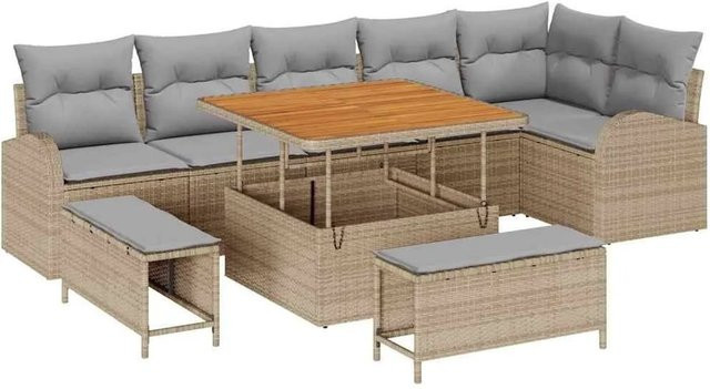 vidaXL Garten-Sofa-Set 9-tlg. in L-Form mit Kissen und Tisch, Beige und Hellgrau - Bild 1