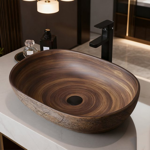 FIIBUU Aufsatzwaschbecken aus Keramik in Braun, ovales Vintage Waschbecken für das Badezimmer, B/T/H: 58 x 48 x 13 cm - Bild 1