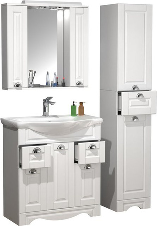 VCM Badmöbel Set Casalo XL in Landhaus-Optik, 4-teilig, Weiß, Breite: 75 cm, mit Keramik-Waschbecken, Spiegelschrank, Hochschrank und Unterschrank