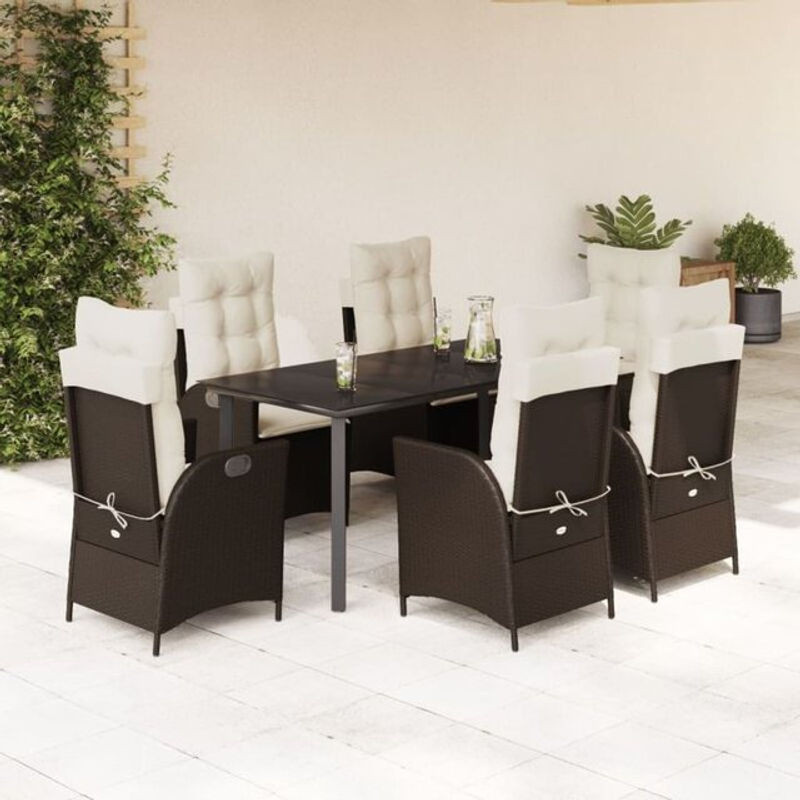7-teilige Garten-Essgruppe aus Poly-Rattan und Metall mit Glasplatte und Kissen in Braun von vidaxl, B/T/H: 160 x 80 x 75 cm - Bild 1