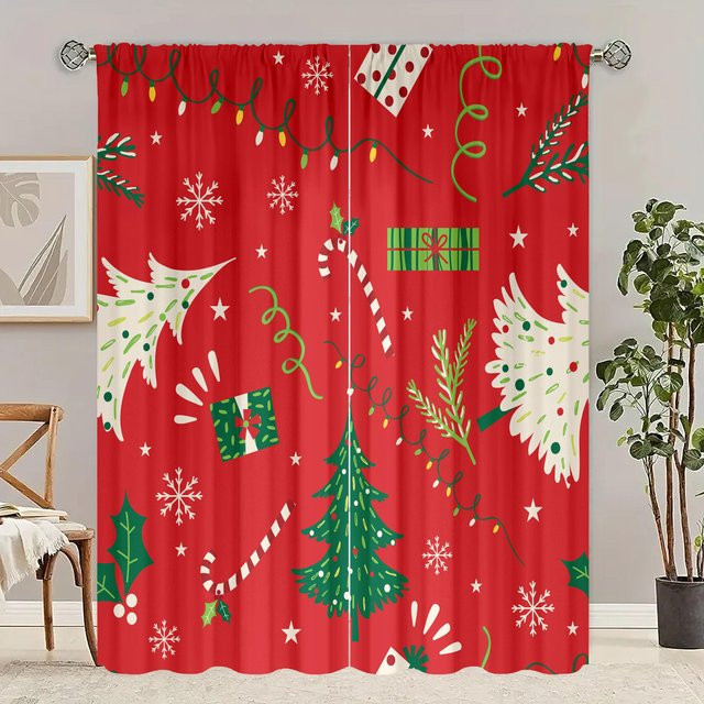 Yiran Furniture Vorhänge mit Weihnachtsdruck, 2er-Set, Rot, Polyester, B: 76,2 cm, H: 165,1 cm - Bild 1
