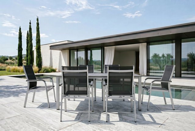 Kettler Cubic/Basic Plus Garten-Essgruppe aus Aluminium in Silber/Anthrazit mit rechteckigem Tisch und 6 Stapelsesseln, Tisch B: 160 cm, T: 90 cm, H: 74 cm - Bild 1