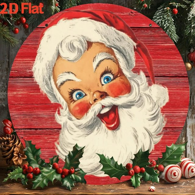 Potdemiel Rundes Metallschild Santa Stop Here in Rot und Weiß, Vintage-Weihnachtsmann-Wanddekoration mit Holly und Candy Cane, Durchmesser: 20,32 cm - Bild 1