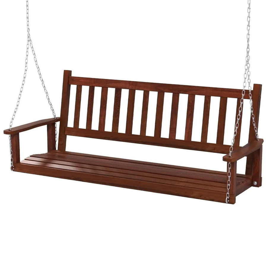 Costway Hängebank 3-Sitzer aus Massivholz in Braun mit Armlehnen und ergonomischer Form für den Garten - Bild 2