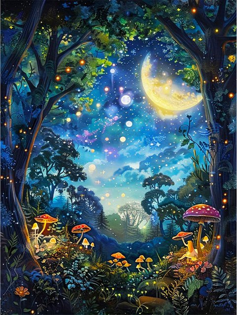 EverShine DIY Diamant Stickerei Kit Mond Baum und Pilz Landschaft als 5D Vollbohrer Mosaik Wanddeko in Multicolour, Breite: 30,0 cm, Höhe: 20,0 cm - Bild 1