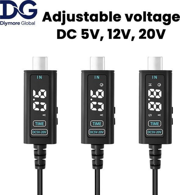 Diymore USB-C zu DC Konverterkabel in Schwarz mit einstellbarer Spannung 12 V und 20 V sowie Speicherfunktion für Router, Laptop und optische Modems - Bild 1