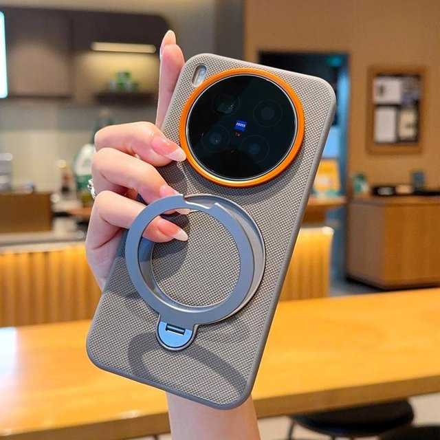 Magnetische Schutzhülle für Vivo X300 und Vivo X300 Pro mit 360 Grad drehbarem Metallhalter und Gittermuster aus Kunstleder in Grau - Bild 1