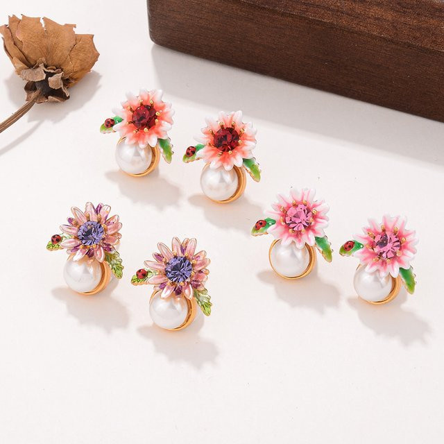 Kovonchy Ohrstecker, Emaille-Blumen, Perle, Zirkonia, Damen - Bild 1