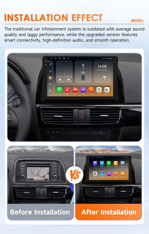 Hizpo Intelligentes Autoradio für Mazda CX5 2012-2015 mit Android 14, Qualcomm Snapdragon 6115 8-Core Prozessor, AI CarPlay, GPS, DSP und Bluetooth 5.4, Schwarz - Bild 2