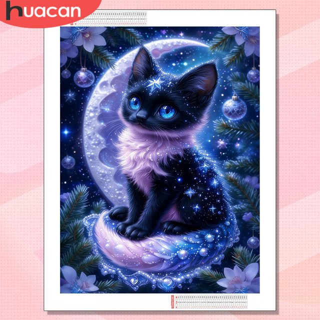 HUACAN Diamond Painting Set Schwarze Katze Mosaik-Kunst mit bunten Rundsteinen zur Wanddekoration B: 30,0 cm, H: 20,0 cm - Bild 1