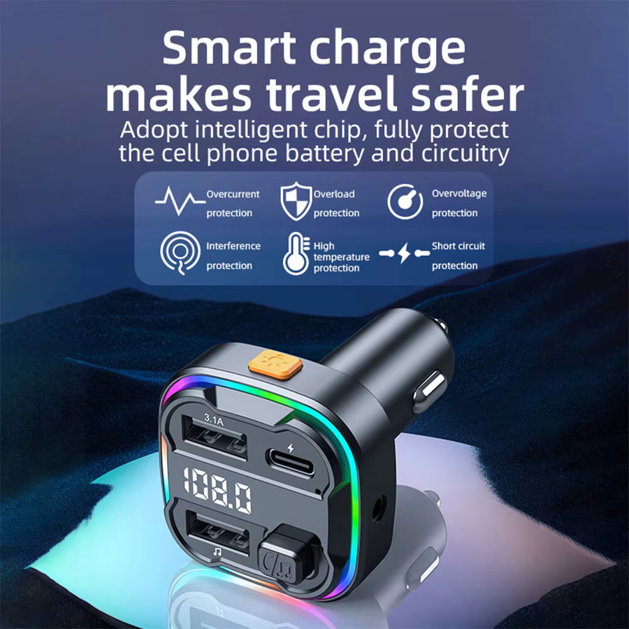 LUTU Bluetooth 5.3 FM Transmitter mit Dual USB und Typ-C 3.1A Schnellladegerät, AUX Audio Adapter Car Kit mit Freisprecheinrichtung und MP3 Modulator in Schwarz - Bild 5