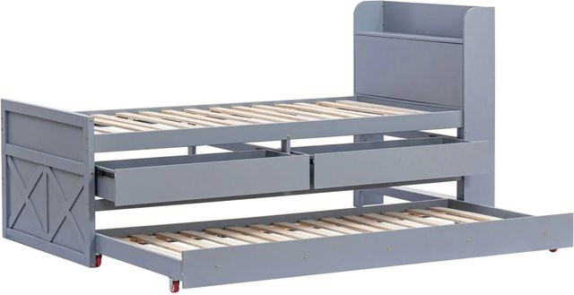 Merax Massivholzbett aus Kiefer mit USB-Anschluss und Schubladen, Grau, B: 90 cm, L: 190 cm - Bild 1