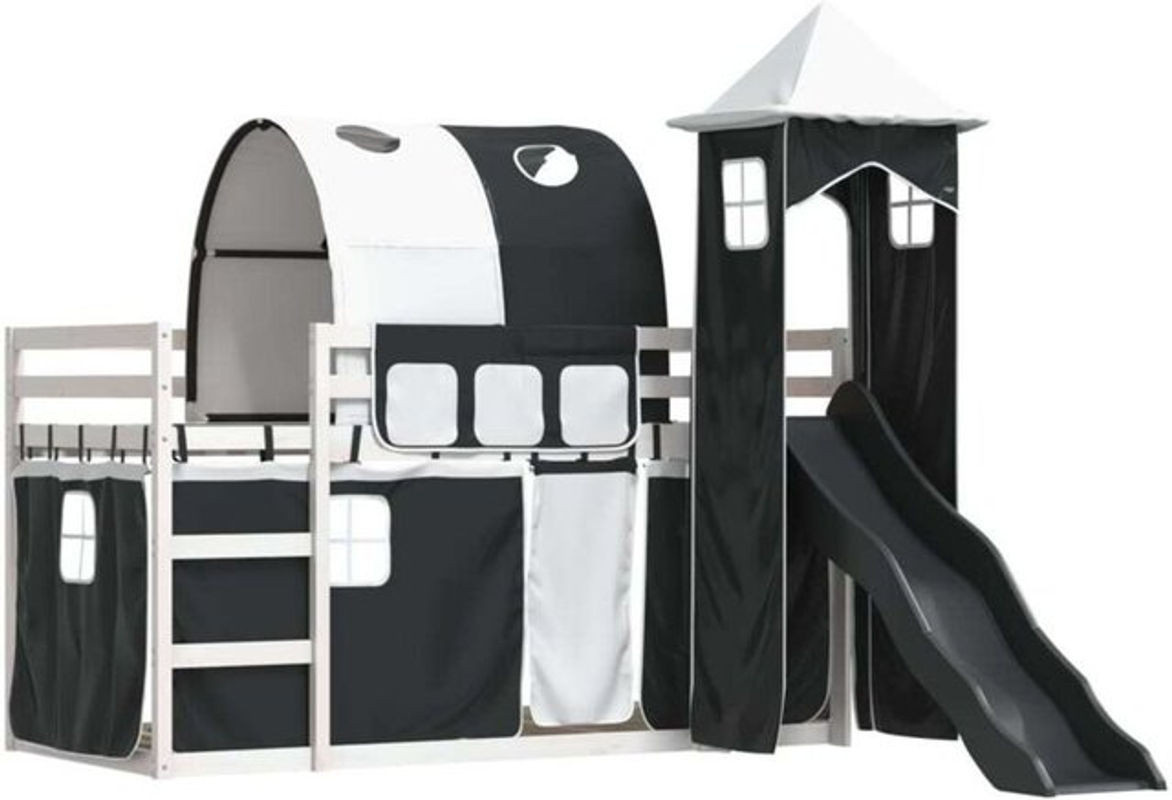 Vidaxl Etagenbett mit Rutsche und Gardinen aus Kiefer Massivholz in Weiß und Schwarz, B/T/H: 190 x 90 x 113 cm - Bild 1