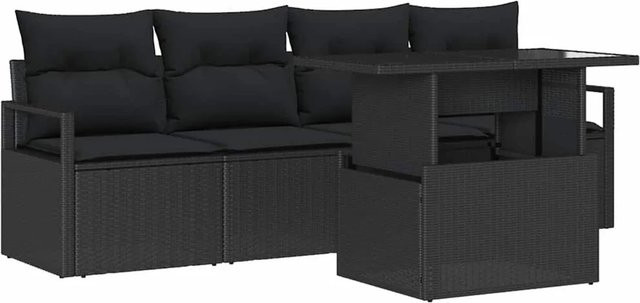 vidaXL Garten-Sofa-Set aus Poly Rattan in Schwarz, 5-teiliges Set mit Tisch, Polsterkissen und integriertem Stauraum - Bild 1