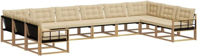 vidaXL Outdoor-Sofagarnitur in U-Form aus massivem Akazienholz mit Textilene und Kissen, 10-teilig, Weiß und Beige - Bild 1