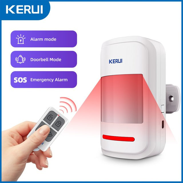 KERUI kabelloser PIR-Bewegungsmelder mit Fernbedienung, 433 MHz Infrarot-Sensor, Alarm und Türklingel in Weiß - Bild 1