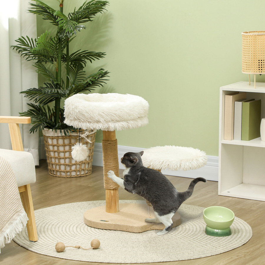 PawHut Katzenkratzbaum mit Spielball und Betten in Weiß, Katzenturm aus Birnbaumholz für Katzen bis 5 kg, Höhe: 61,5 cm, Aosom - Bild 2