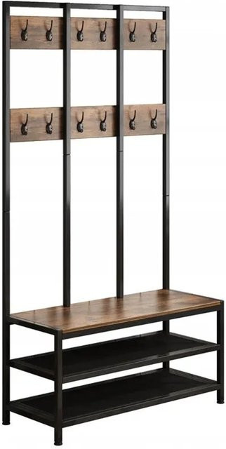 Rebiko Garderobenmöbel Hall Tree mit Sitzbank, Schuhregal und Kleiderständer in Braun, Metall und MDF-Platte, H: 186 cm, B: 100 cm, T: 40 cm - Bild 1