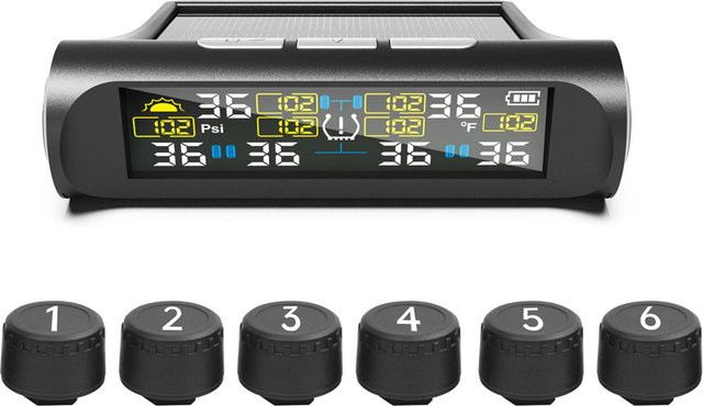 TOMTOP JMS Drahtloser Solar-Reifendruckmonitor mit 6 externen Sensoren, Schwarz - Bild 1