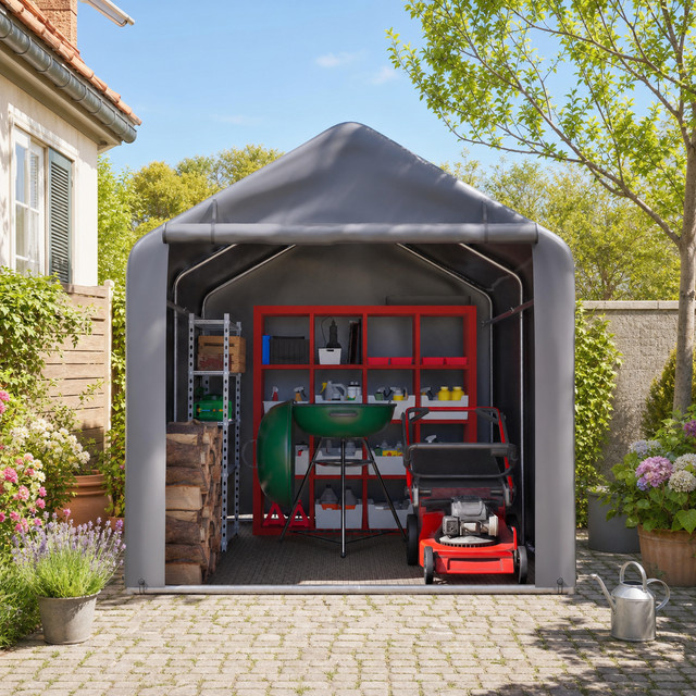 THANADDO Outdoor-Lagerzelt aus Metall, wasserdichtes Aufbewahrungszelt mit Rolltür für Gartenzubehör, Rasenmäher und Fahrräder, B/T/H: 213,36 x 152,4 x 160 cm - Bild 1