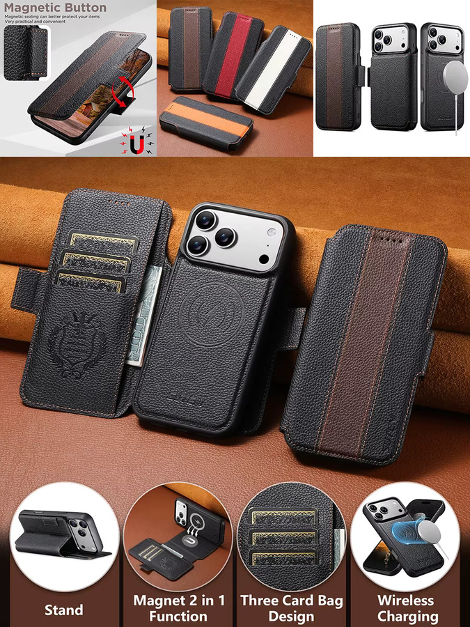 SUTENI Kunstleder Handyhülle mit Wireless Charging, Kartenhalter und magnetischem Flip-Cover für iPhone 17 Pro Max, 16, 15, 14, 13 in Schwarz oder Weiß - Bild 4