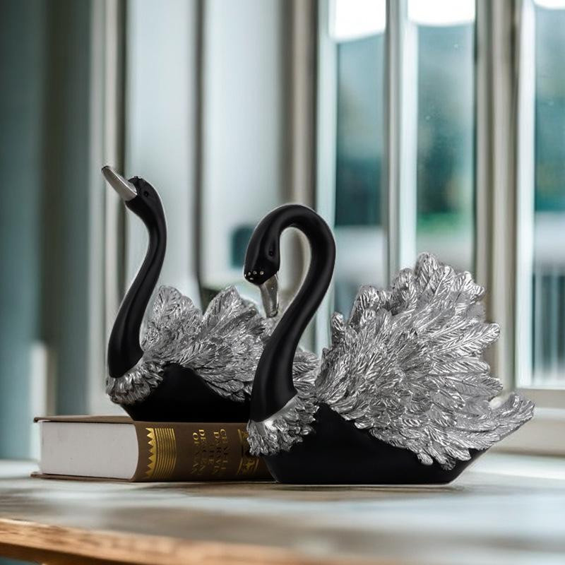 Yiran Furniture Schwan Ornamente Paar in Schwarz aus Kunstharz zur Dekoration für Wohnzimmer und Eingangsbereich - Bild 4