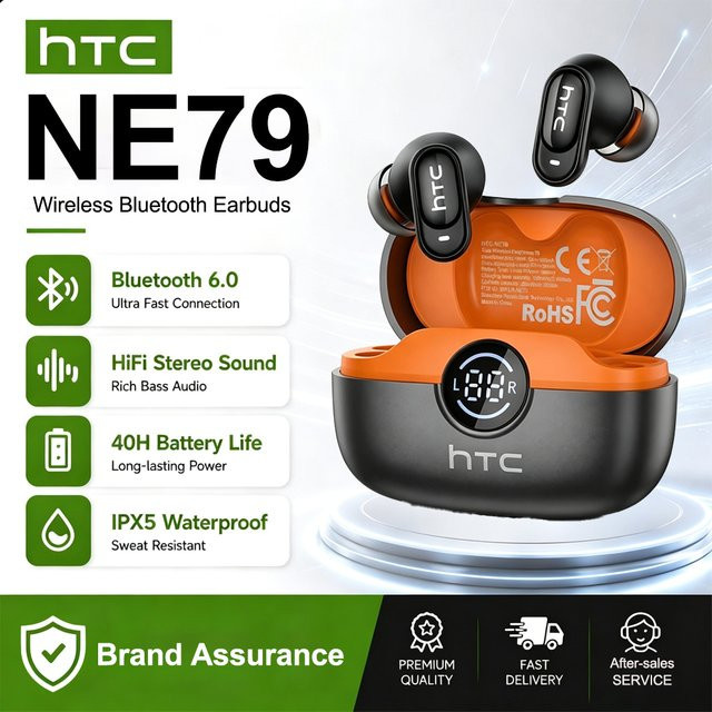 HTC NE79 Echtzeit-Übersetzungs-Ohrhörer mit Bluetooth, HiFi-Musik, HD-Anrufen und Geräuschunterdrückung, kabellose In-Ear-Ohrstöpsel mit LED-Anzeige und Mikrofon, Schwarz - Bild 1