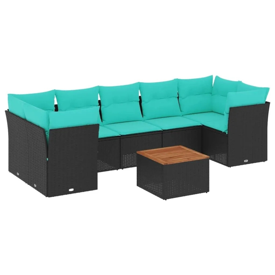 vidaXL 8-teilige Garten-Sofagarnitur aus Poly-Rattan und Akazienholz in Schwarz mit blauen Kissen - Bild 2