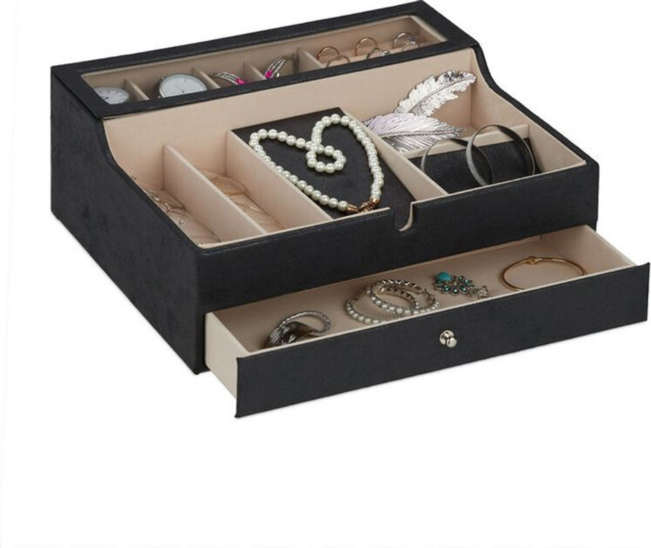 Relaxdays Schmuckkästchen in Lederoptik mit Samtfutter für Damen und Herren, Schwarz, B/T/H: 34 x 13 x 31 cm - Bild 1