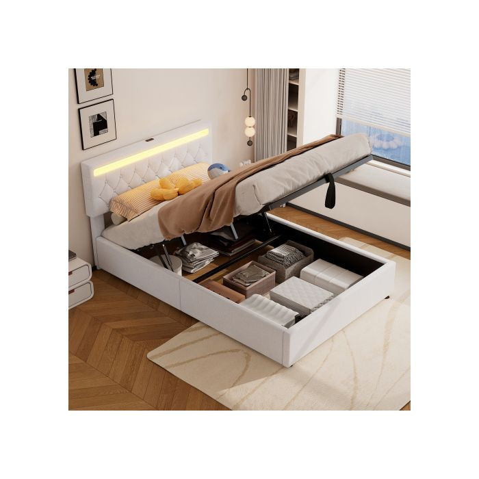 Gepolstertes MUVOE Bett in Weiß mit LED-Unterbettbeleuchtung, USB-Ladeport und Lift-up-Funktion, B/T: 140 x 200 cm - Bild 2