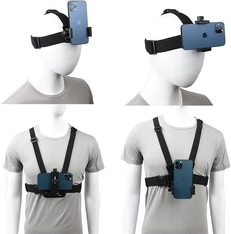 NMEGOU 2-in-1 Handy-Brustgurt und Kopfgurt-Set mit Ständer für iPhone und GoPro in Schwarz - Bild 3