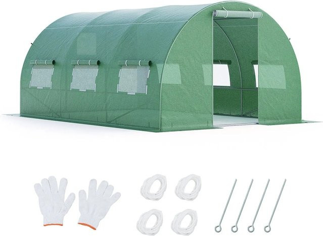 Costway Gewächshaus in Grün mit 6 Netzfenstern und 2 Reißverschlusstüren, Fläche: 12 m² - Bild 1
