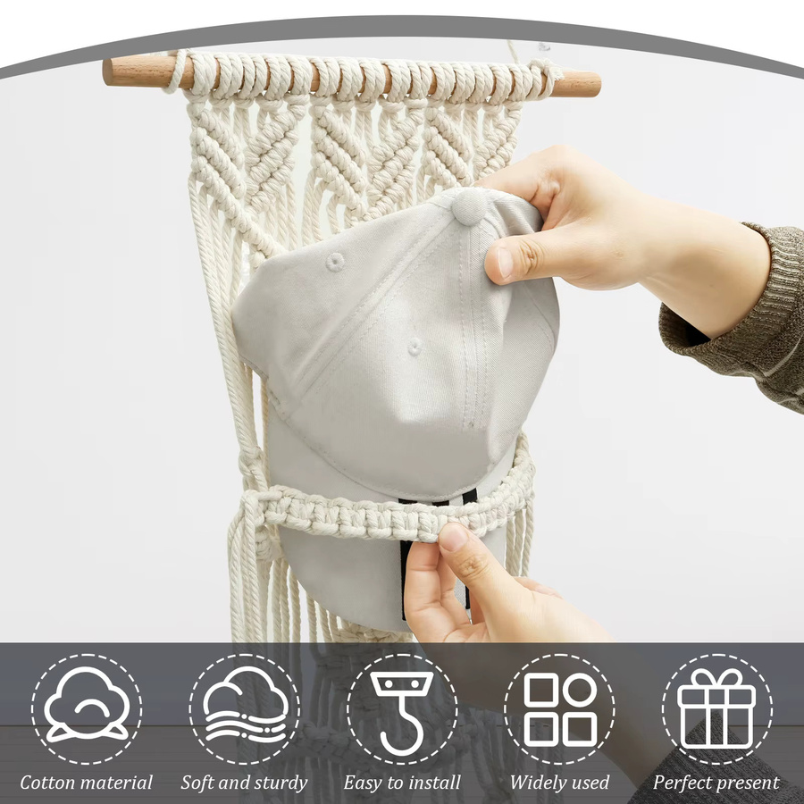 Everso Makramee Kappenhalter in Weiß, handgewebter Boho Wandbehang als Wand-Hutablage - Bild 3