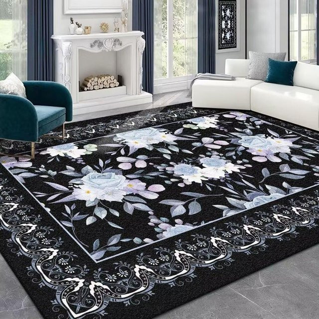 Pflegeleichter Plüschteppich im neuamerikanischen Stil mit floralem Design, Farbe: Schwarz, B/T: 180 x 250 cm - Bild 1