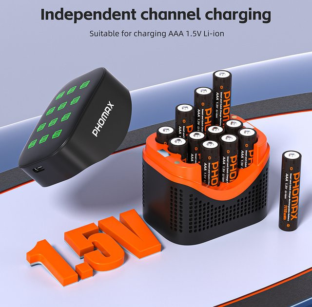 PHOMAX Wiederaufladbare AAA Li-Ion Batterien 1,5V mit 1110mWh und 12-fach LCD Schnellladegerät in Schwarz - Bild 1
