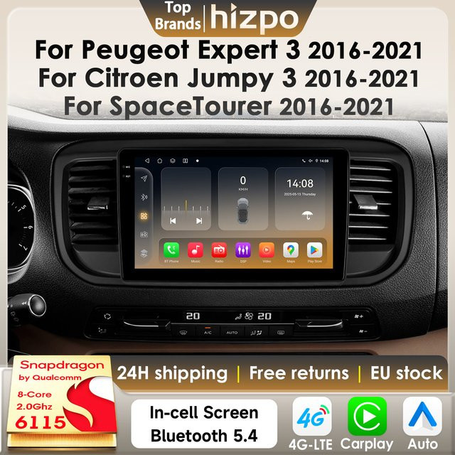 Hizpo 2Din Android 14 Autoradio für Peugeot Expert 3, Citroen Jumpy 3 und SpaceTourer 2016–2021 mit CarPlay, GPS, DSP und 4G, Snapdragon 6115, Schwarz - Bild 1