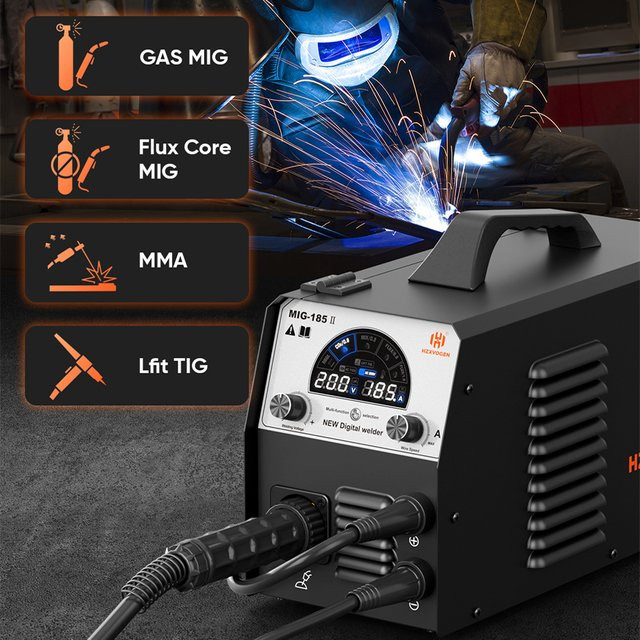 HZXVOGEN MIG185 4-in-1 Schweißgerät in Schwarz: Digitales Multiprocess-Schweißgerät mit MMA, MIG/MAG und Lift-TIG Funktionen, SYN IGBT Inverter und LED-Bildschirm für 0,8/1,0 mm Fülldraht - Bild 1