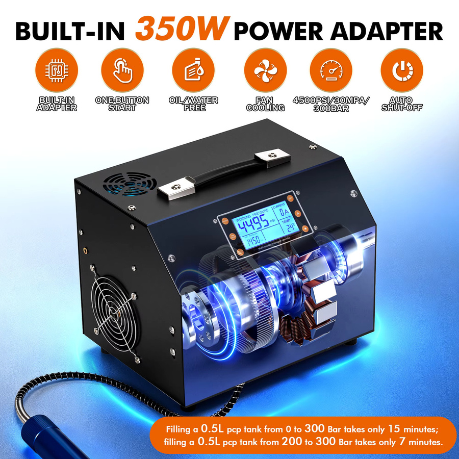 TUXING TXET063 PCP Luftkompressor in Schwarz mit integrierter Stromversorgung, LCD-Display und digitaler Steuerung für Luftgewehre und Tauchanwendungen (300 Bar / 30 MPa / 4500 Psi) - Bild 2
