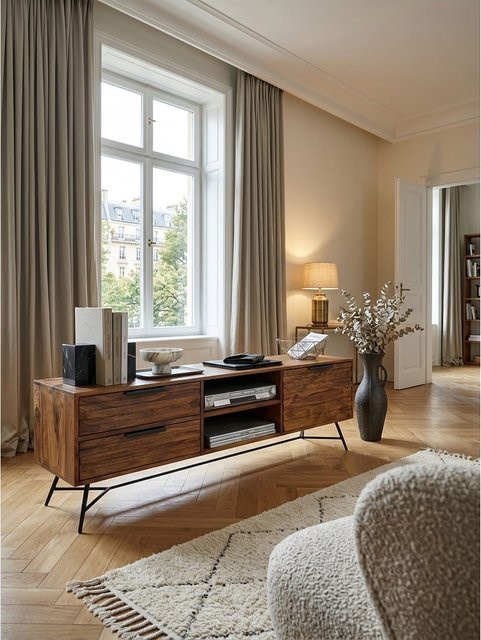 Lowboard KADIMA DESIGN Modell NISHAN aus Massivholz im Industrial Stil, braun, B/T/H: 160 x 54 x 40 cm - Bild 1