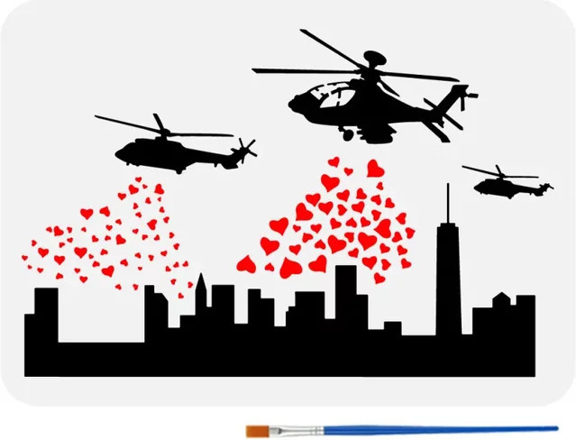 Banksy Hubschrauber und Herzen Malschablone mit Kunststoffpinsel, Multicolor, B: 8,3 cm, H: 11,7 cm - Bild 1
