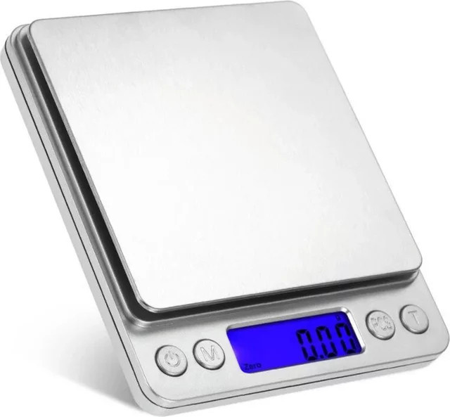 HomePuff Pocket Case Digitale Waage in Silber mit 2 Tabletts, Elektronische Schmuckwaage und Küchenwaage für 3 kg (0,1 g) oder 500 g (0,01 g) - Bild 1