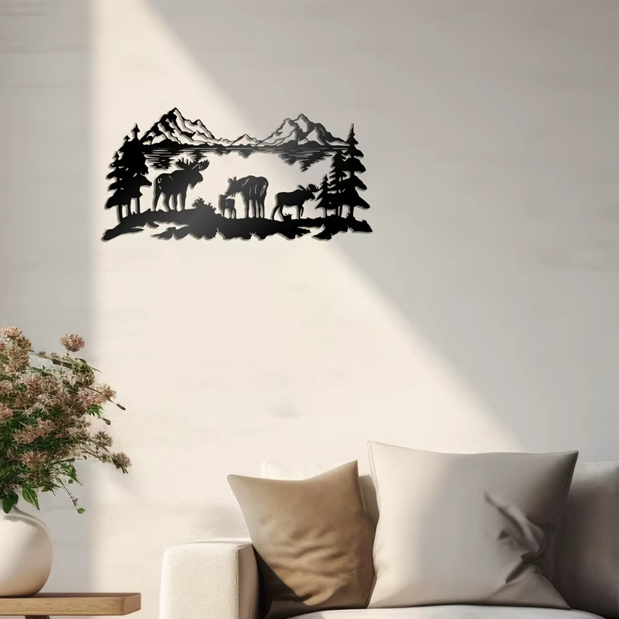 CIFBUY Elch-Familie Metall-Wandkunst in Schwarz, Rustikale Bergsee-Silhouette aus Eisen als Natur-Dekoration für dein Zuhause - Bild 2