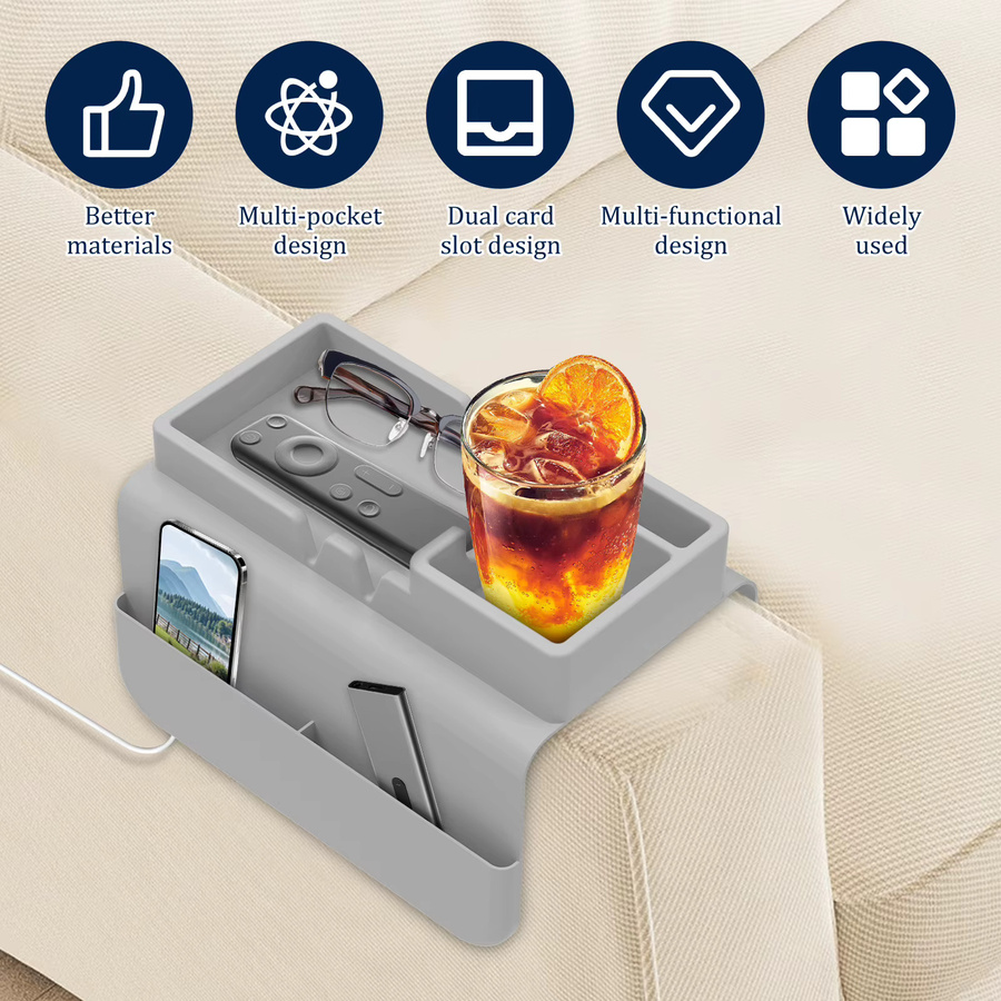 Willstar Sofa Armlehnen Organizer aus Silikon in Grau mit Getränkehalter und Seitentasche für Snacks, Telefon und Fernbedienung, B/T/H: 48,0 x 30,0 x 1,0 cm - Bild 2
